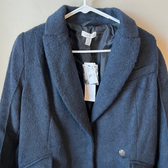 NEW TOPSHOP Manhattan Long Belted Wool Blend Coat Navy Front Size 6 - Picture 1 of 12